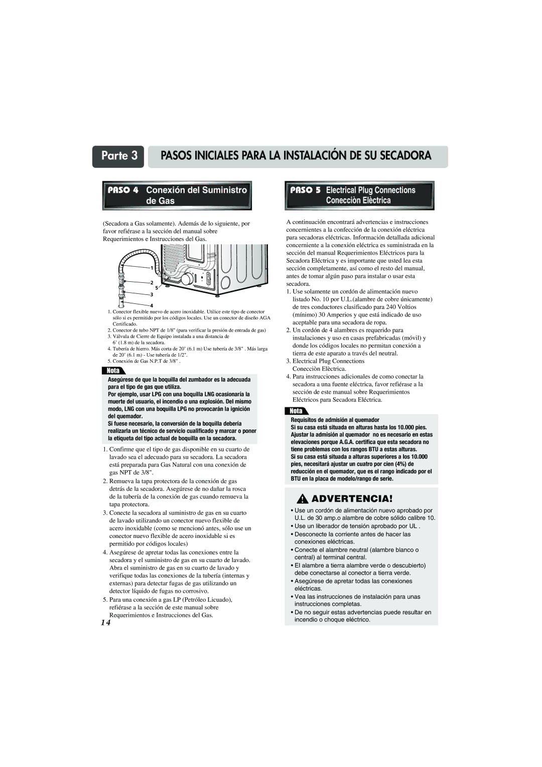 LG Electronics TD-V14247G, TD-V14247E, TD-V10247G manual Paso 4 Conexión del Suministro de Gas, Conecciòn Elèctrica 