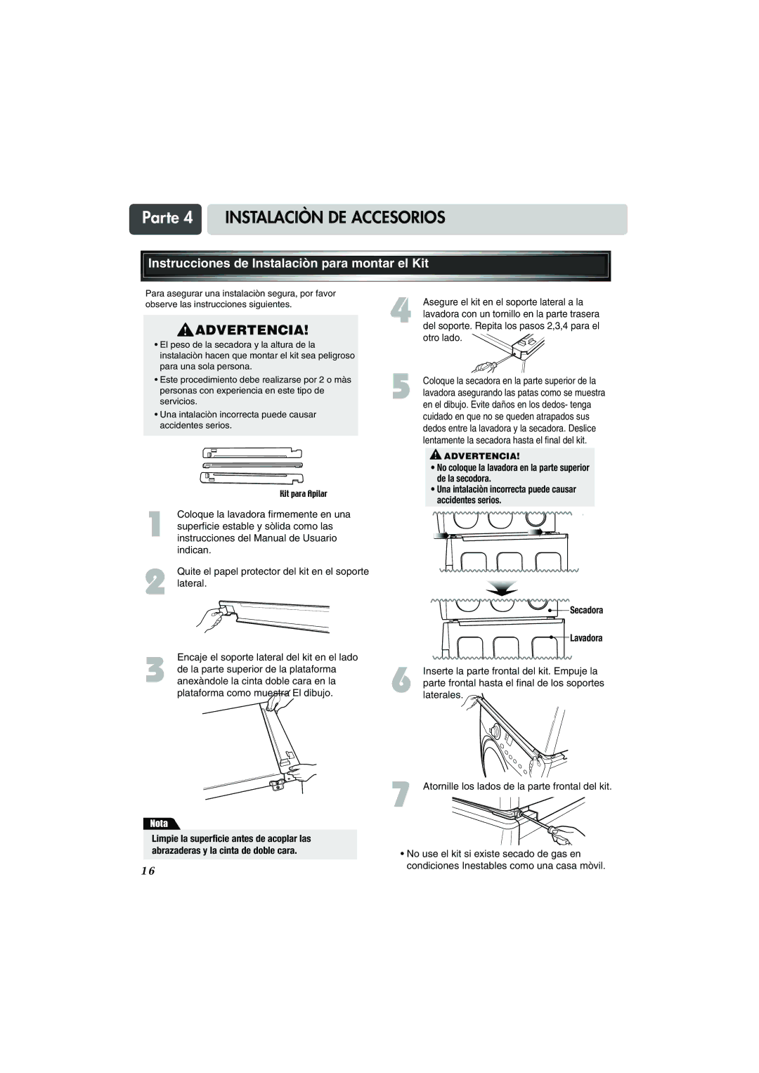 LG Electronics TD-V10247G, TD-V14247G Parte 4 Instalaciòn DE Accesorios, Instrucciones de Instalaciòn para montar el Kit 