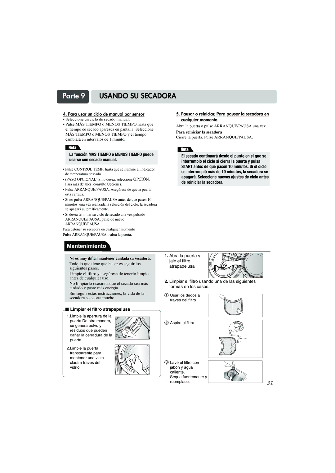 LG Electronics TD-V10247G, TD-V14247G, TD-V14247E manual Mantenimiento, Limpiar el filtro atrapapelusa 