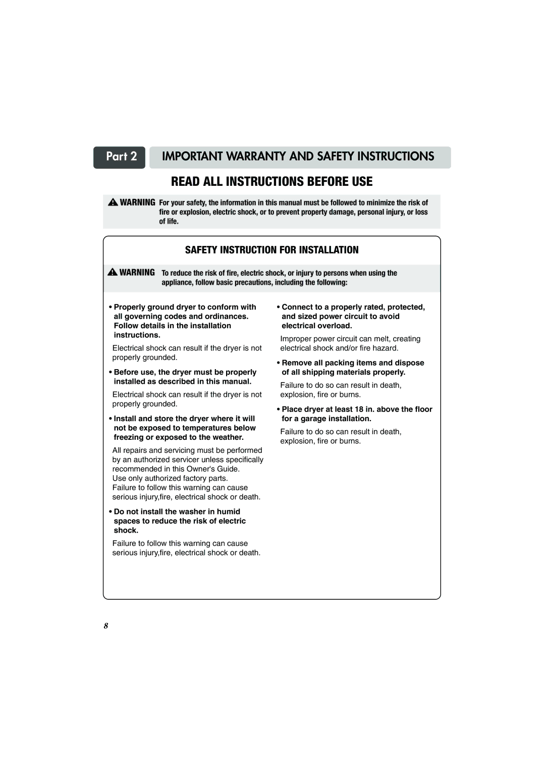 LG Electronics TD-V10247G, TD-V14247G, TD-V14247E manual Safety Instruction for Installation 