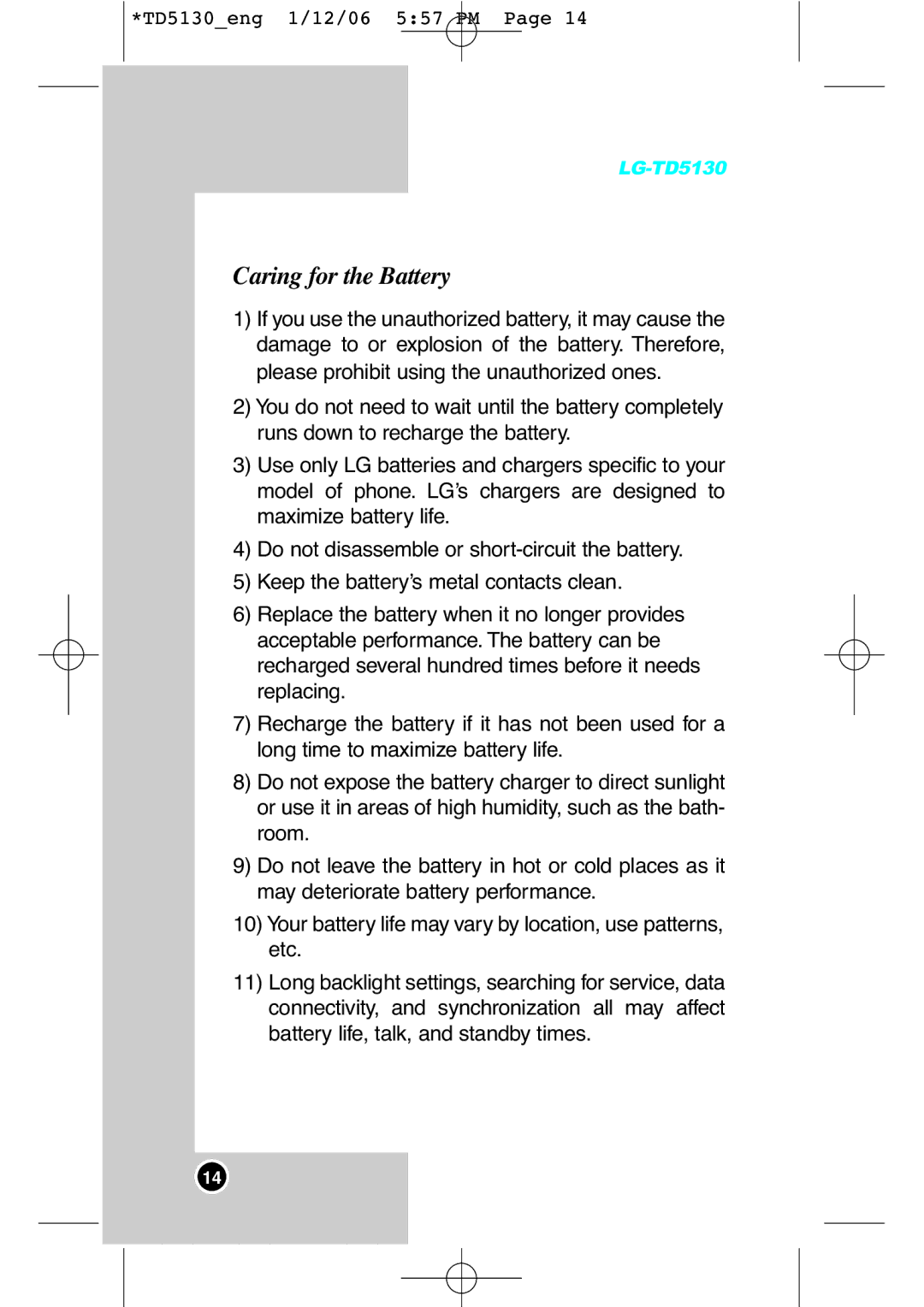 LG Electronics TD5130 manual Caring for the Battery 