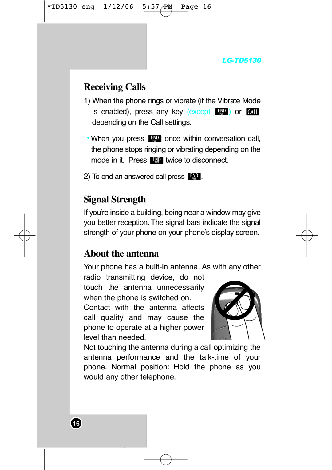 LG Electronics TD5130 manual Receiving Calls, Signal Strength, About the antenna 