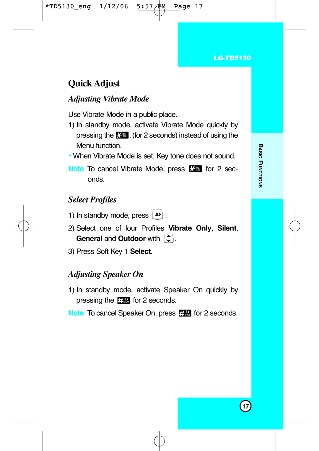 LG Electronics TD5130 manual Quick Adjust, Adjusting Vibrate Mode, Select Profiles, Adjusting Speaker On 