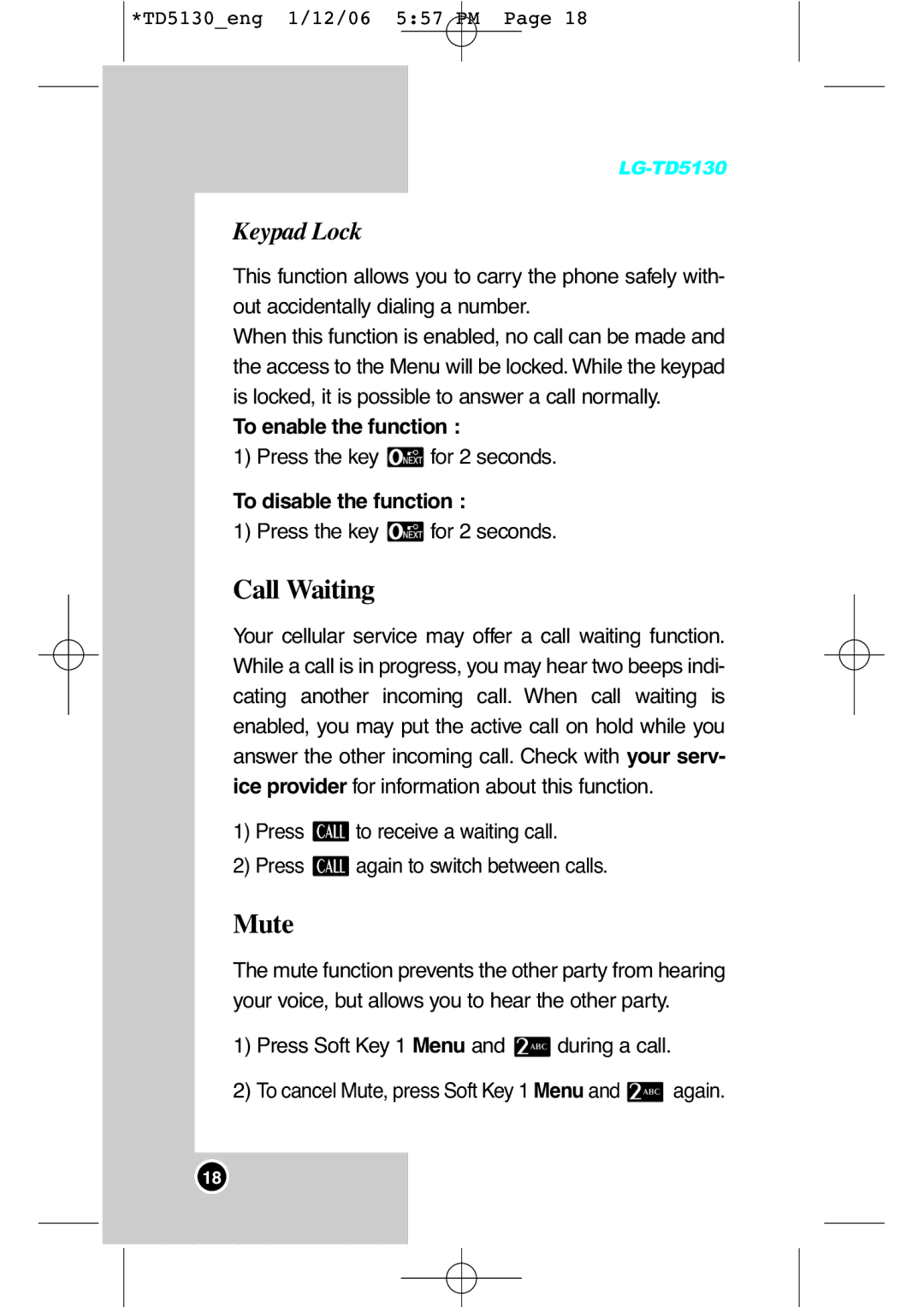 LG Electronics TD5130 manual Call Waiting, Mute, Keypad Lock, To enable the function, To disable the function 