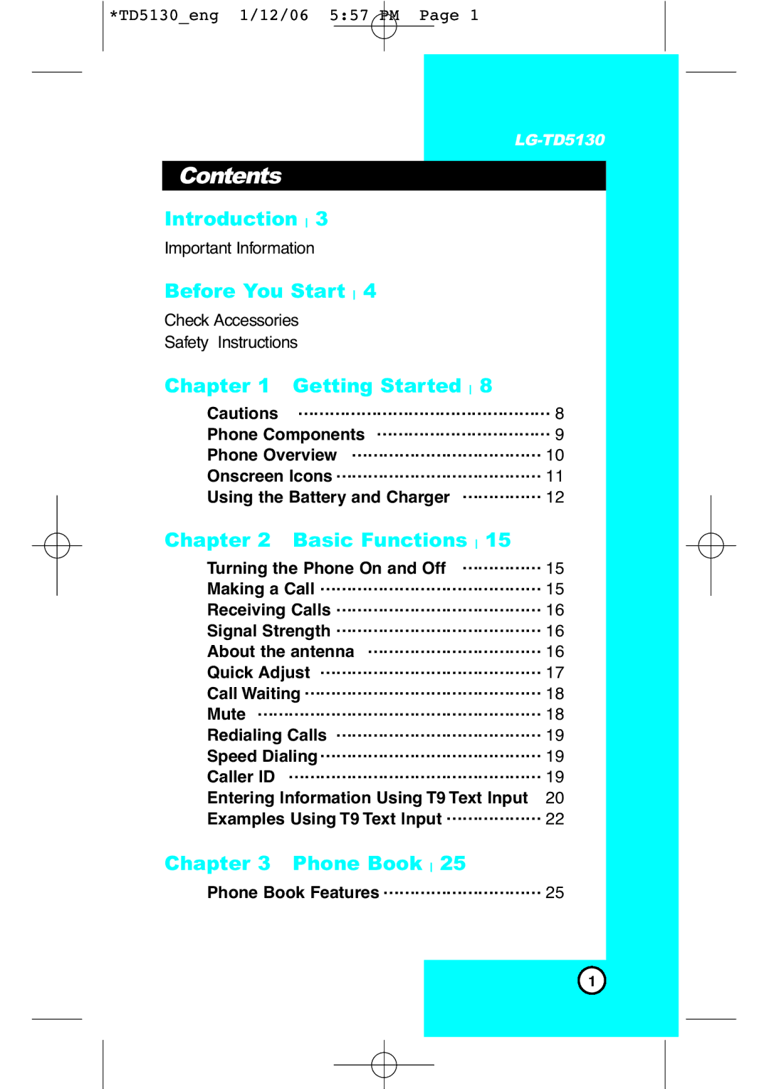 LG Electronics TD5130 manual Contents 