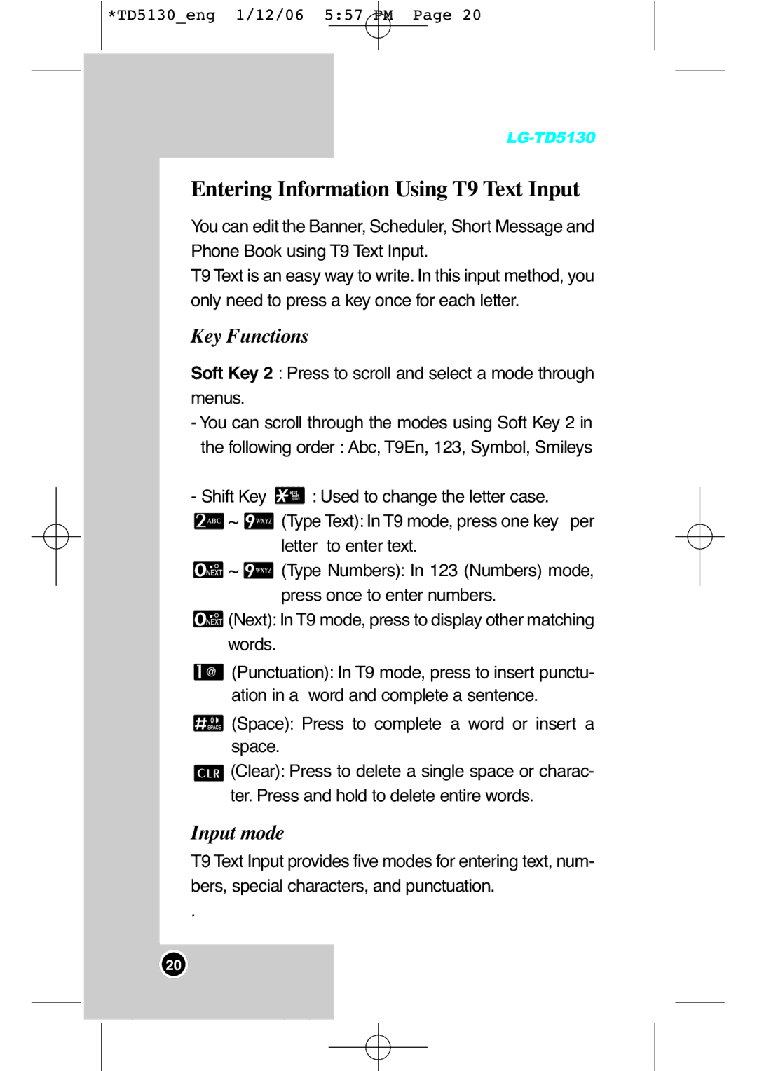 LG Electronics TD5130 manual Entering Information Using T9 Text Input, Key Functions, Input mode 