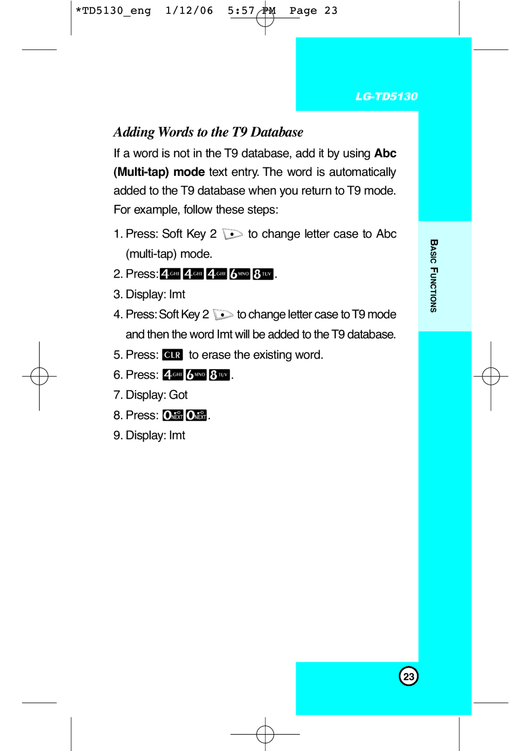 LG Electronics TD5130 manual Adding Words to the T9 Database 