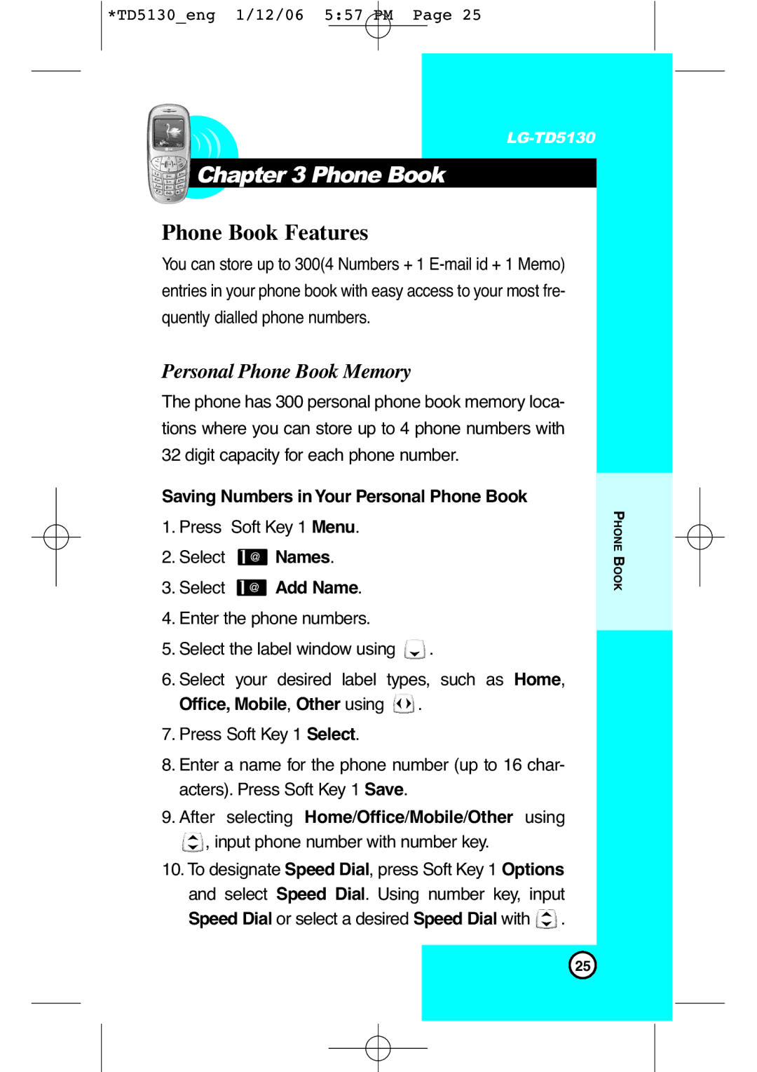LG Electronics TD5130 Phone Book Features, Personal Phone Book Memory, Saving Numbers in Your Personal Phone Book 