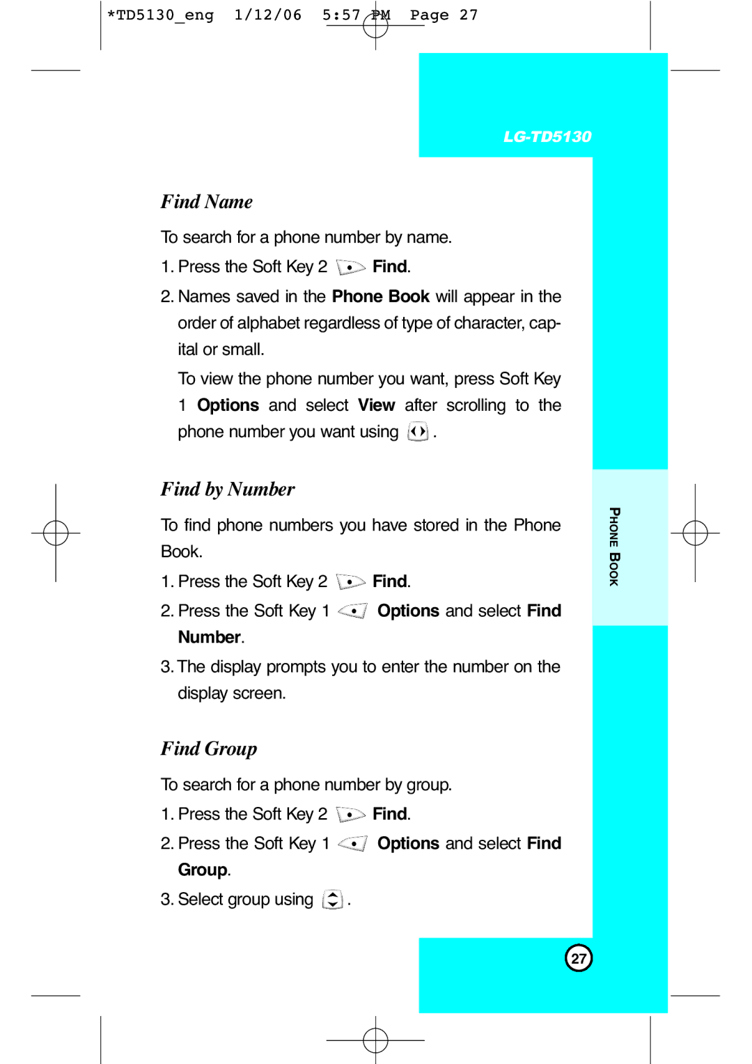 LG Electronics TD5130 manual Find Name, Find by Number, Find Group 