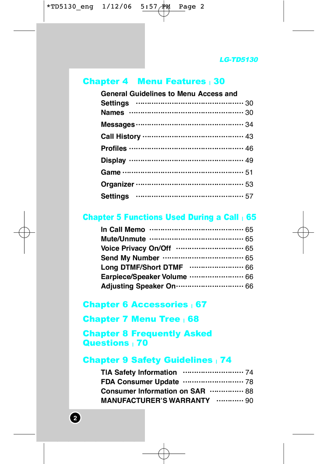 LG Electronics TD5130 manual Menu Features 