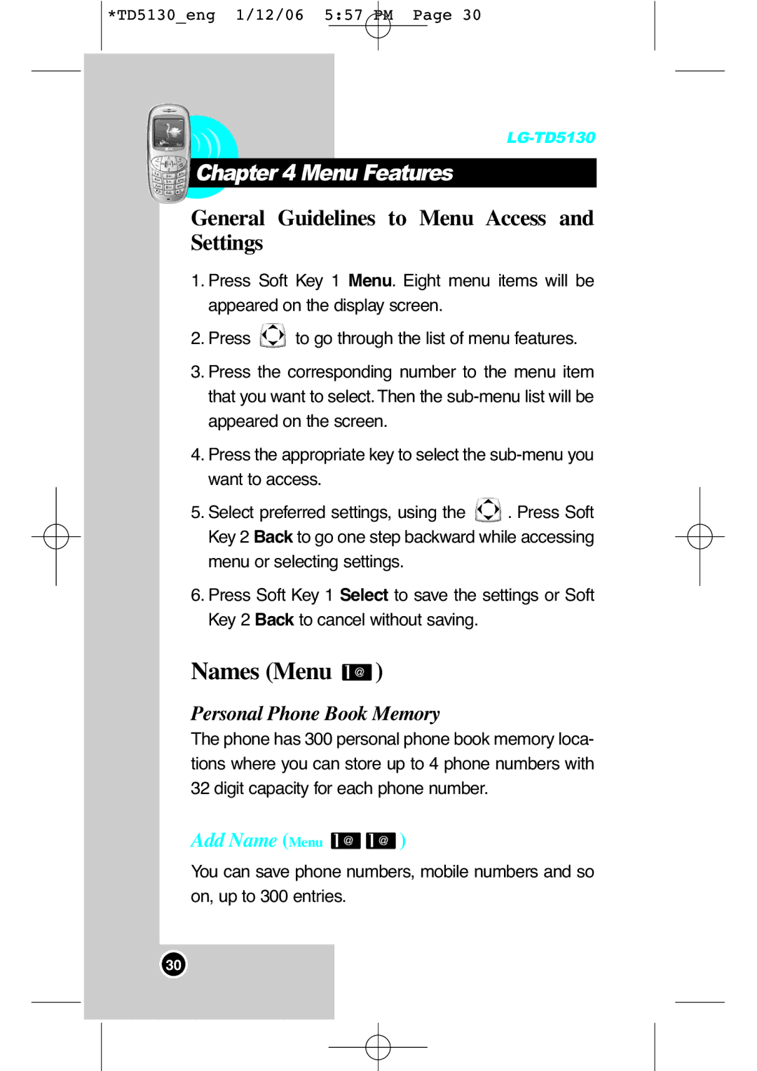 LG Electronics TD5130 manual Chapteon rnts4 Menu Features, General Guidelines to Menu Access and Settings, Add Name Menu 