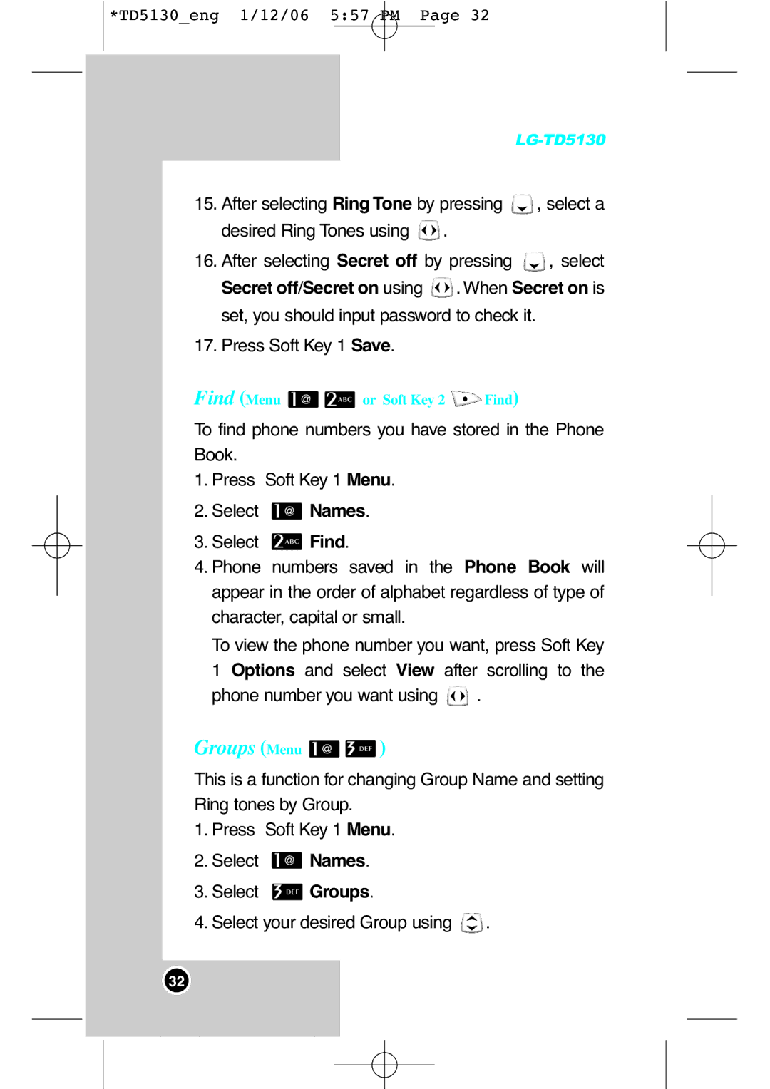 LG Electronics TD5130 manual Groups Menu 