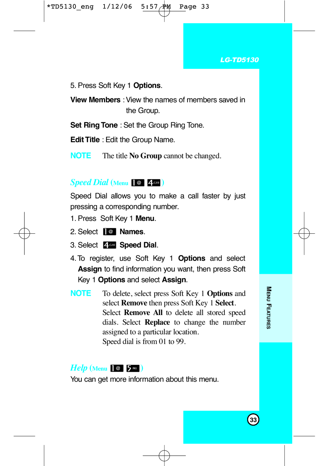 LG Electronics TD5130 manual Speed Dial Menu, Help Menu, Select Speed Dial 