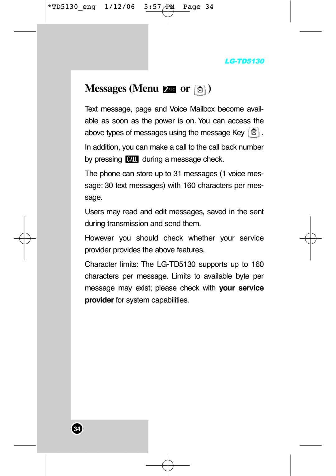 LG Electronics TD5130 manual Messages Menu or 