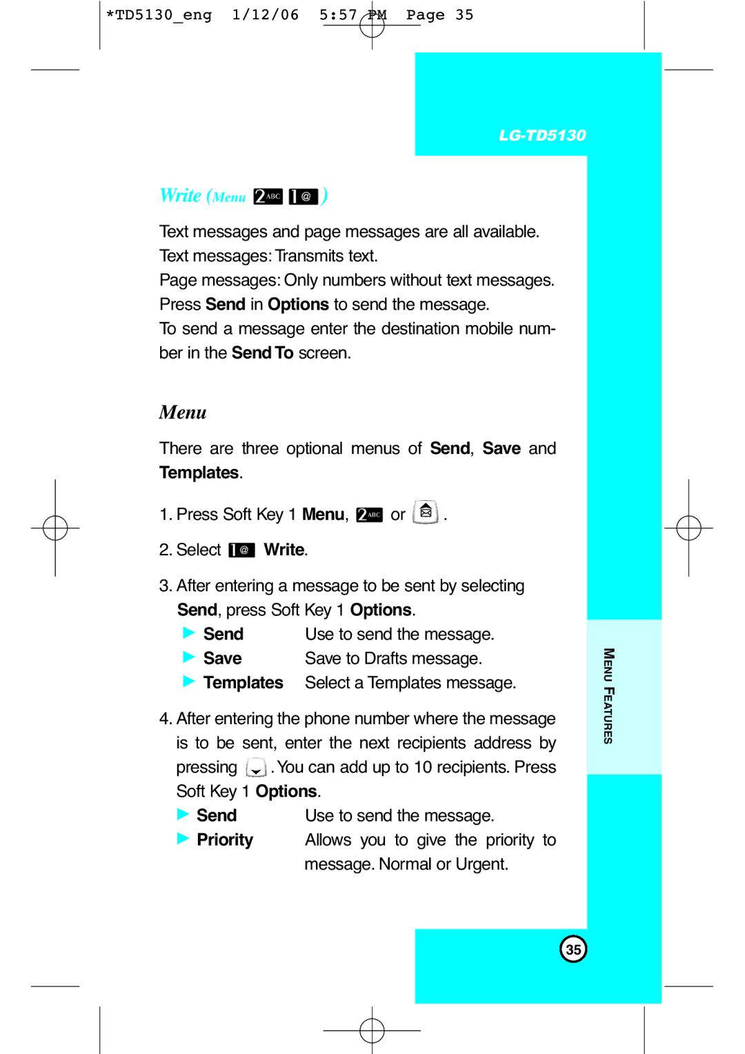 LG Electronics TD5130 manual Write Menu 