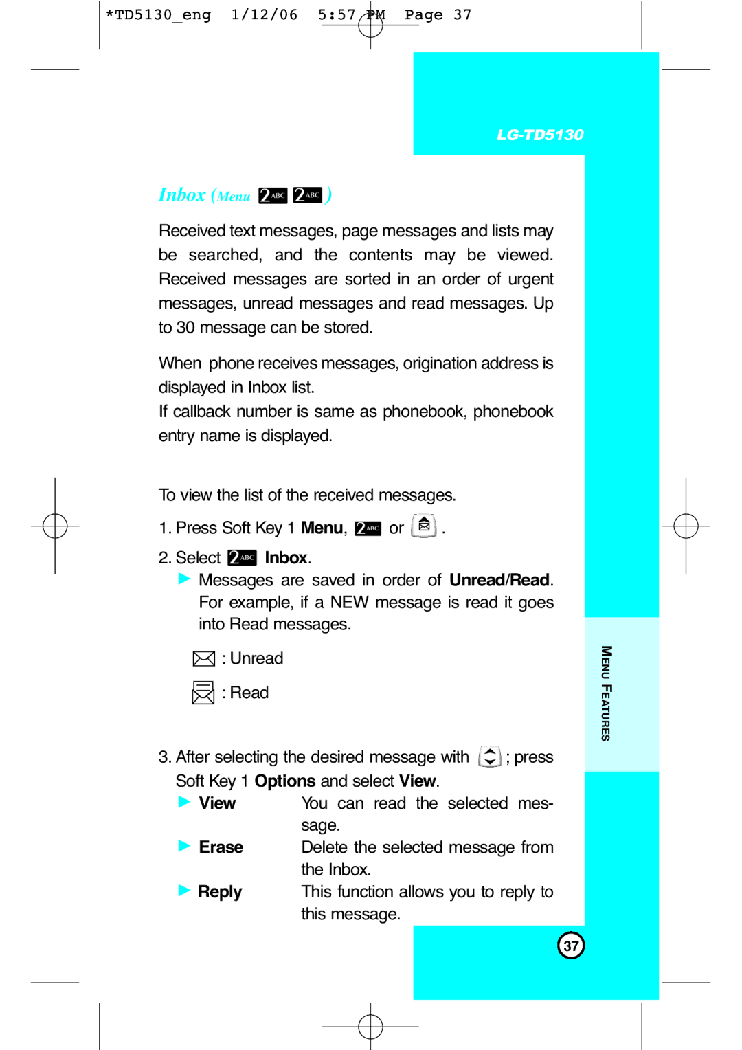 LG Electronics TD5130 manual Inbox Menu 