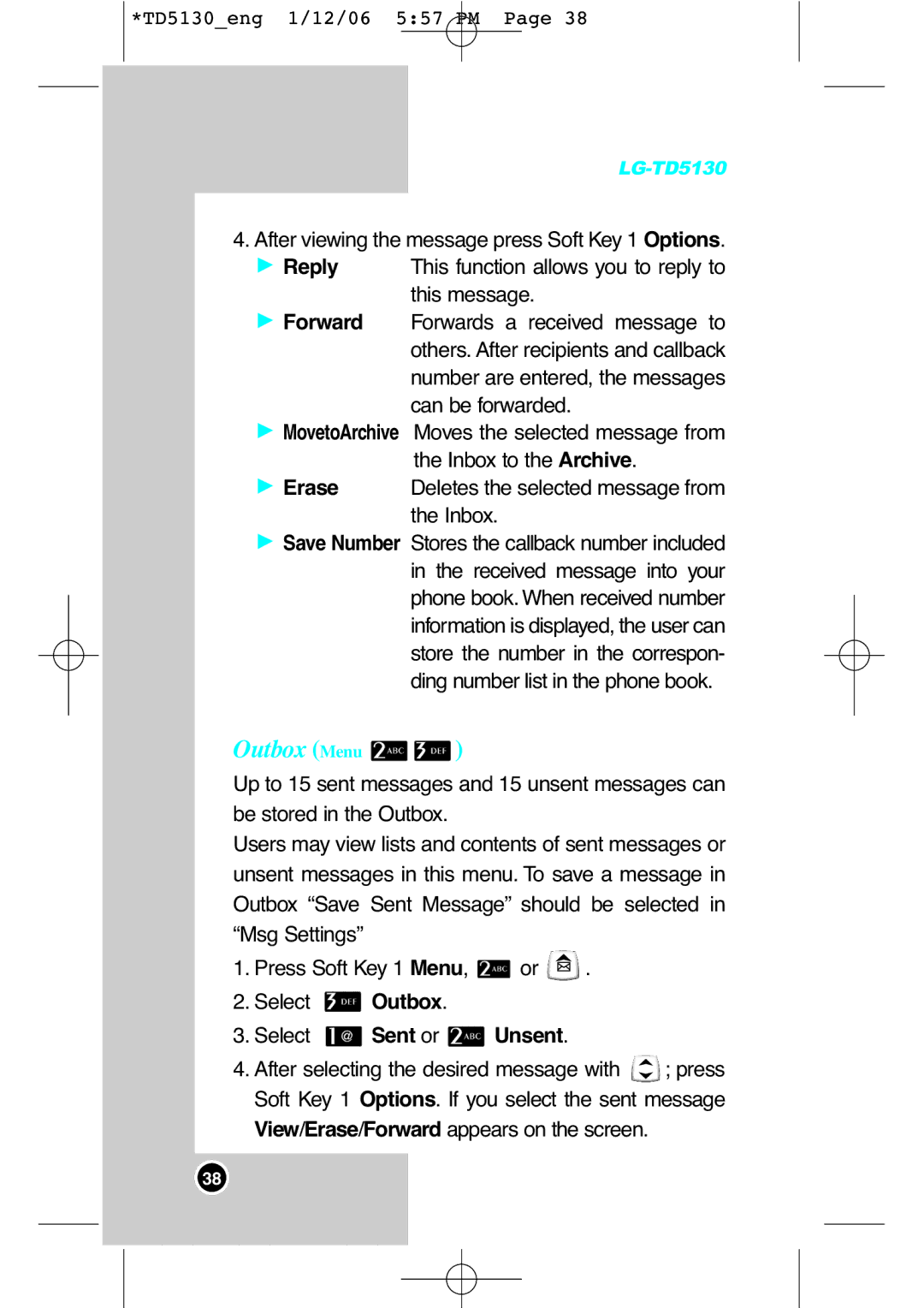 LG Electronics TD5130 manual Outbox Menu, Reply, Forward, Erase, Select Sent or Unsent 