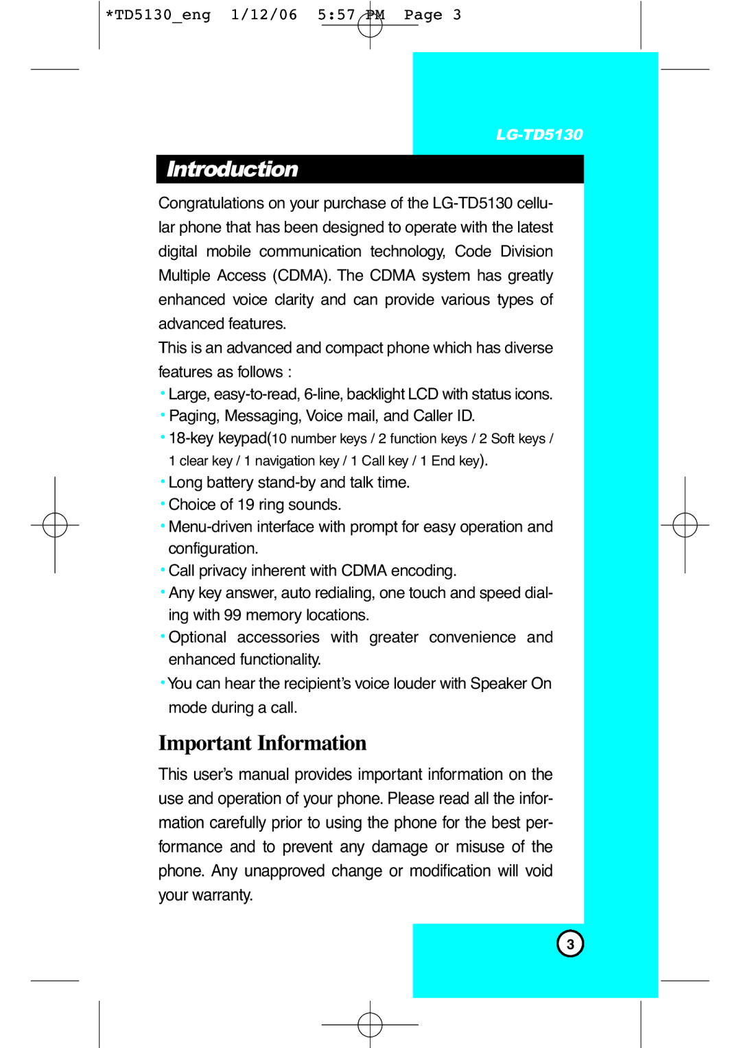 LG Electronics TD5130 manual Introduction, Important Information 