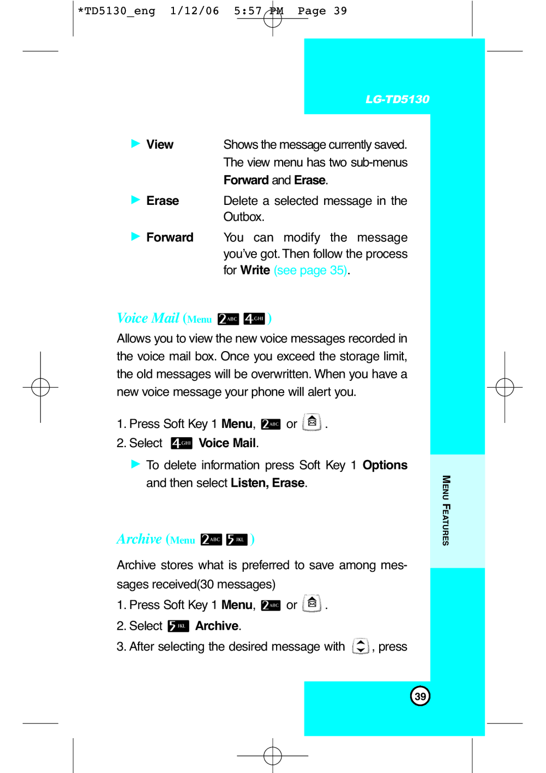 LG Electronics TD5130 manual Voice Mail Menu, Archive Menu, View, Forward and Erase, Select Voice Mail 