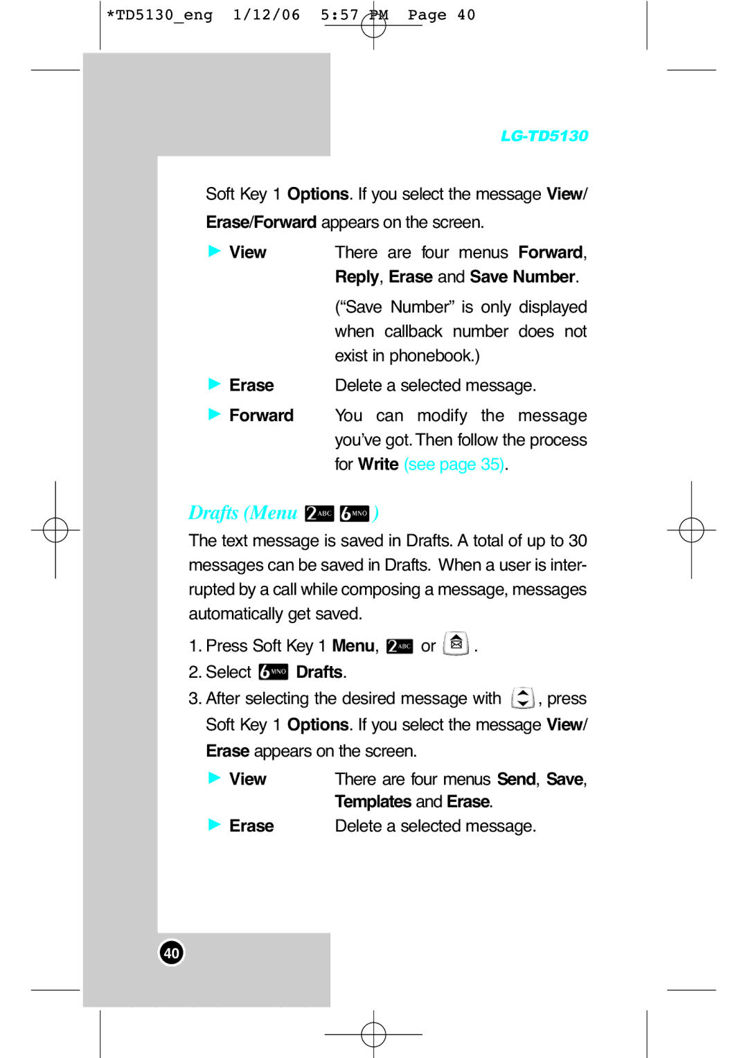 LG Electronics TD5130 manual Drafts Menu, Templates and Erase 