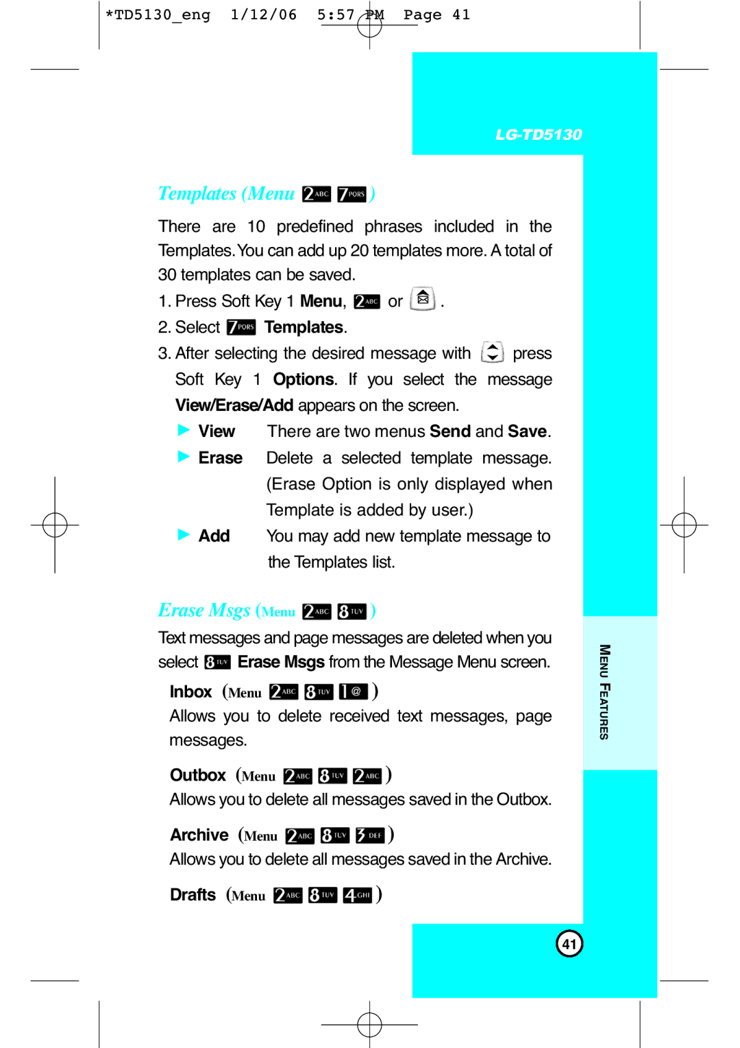 LG Electronics TD5130 manual Templates Menu, Erase Msgs Menu 