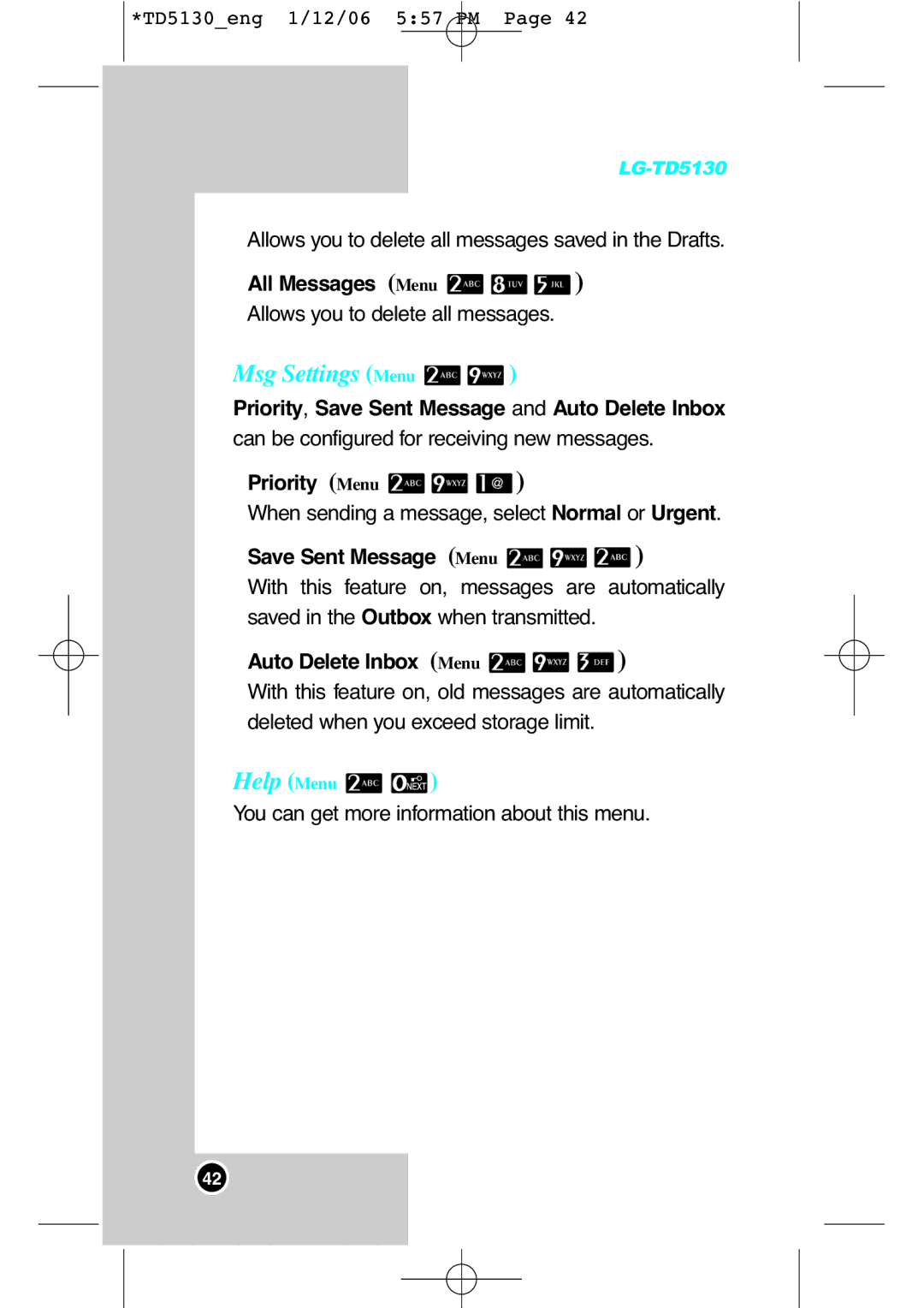 LG Electronics TD5130 manual Msg Settings Menu, All Messages Menu, Save Sent Message Menu, Auto Delete Inbox Menu 