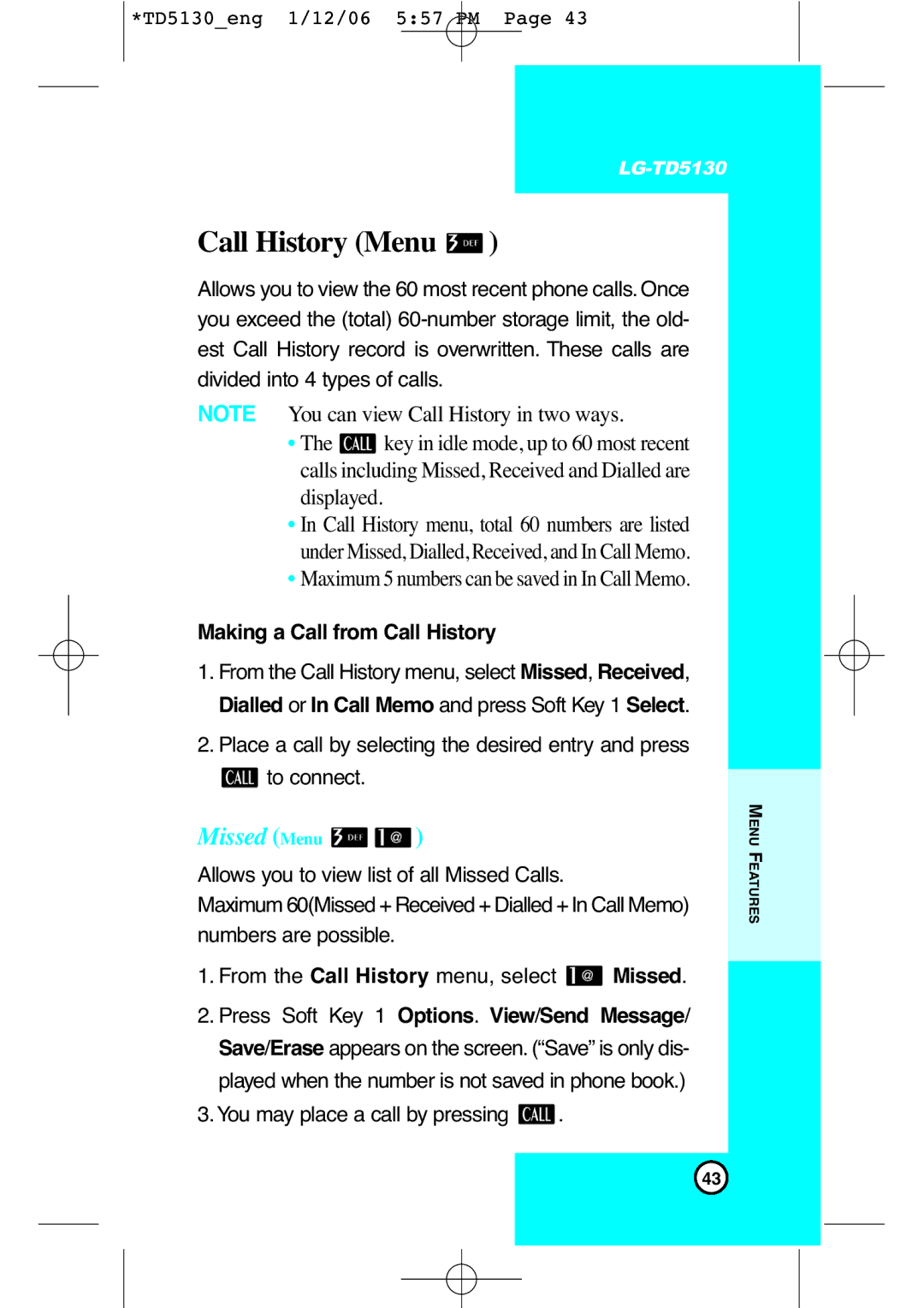 LG Electronics TD5130 manual Missed Menu, Making a Call from Call History 