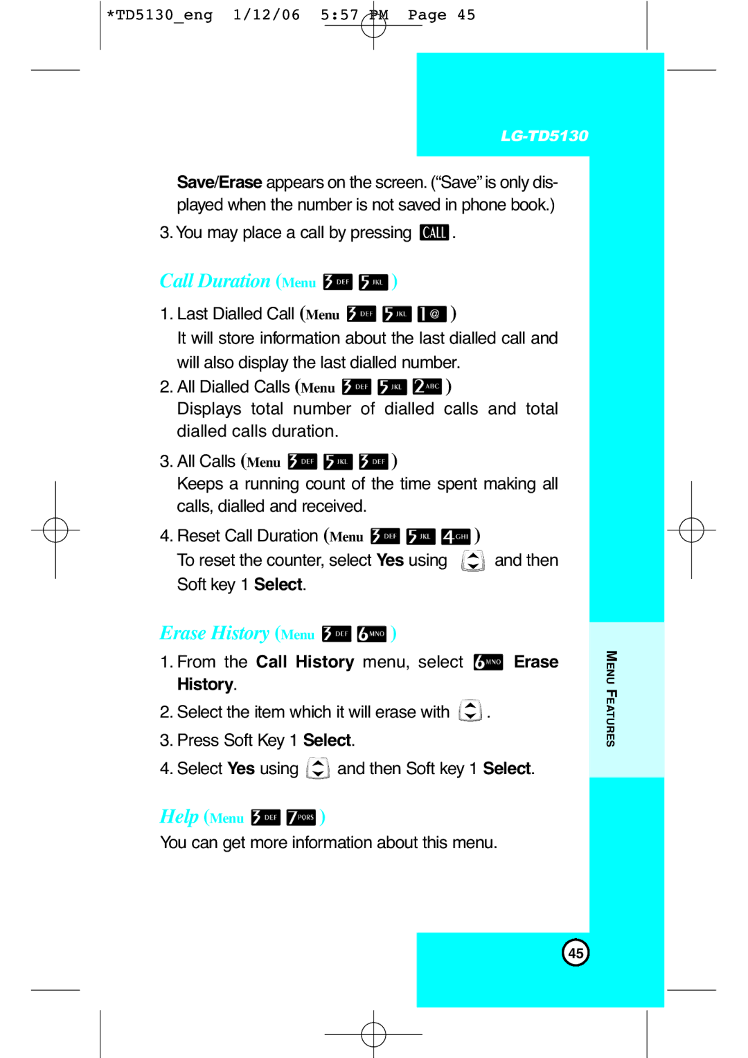 LG Electronics TD5130 manual Call Duration Menu, Erase History Menu 