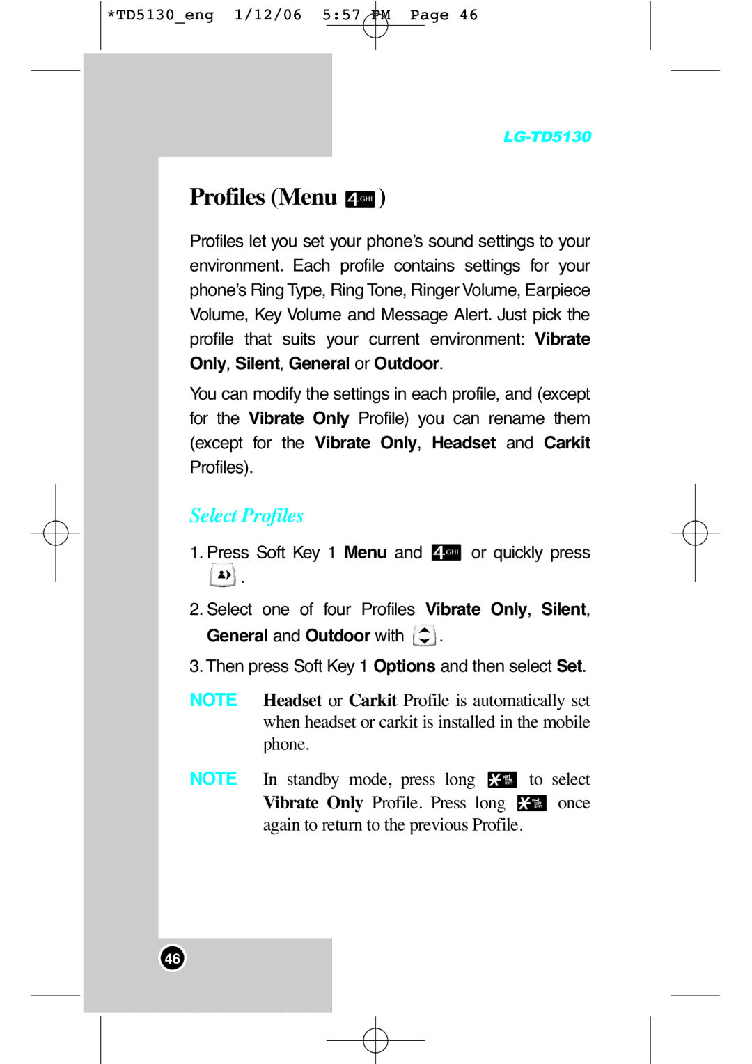 LG Electronics TD5130 manual Profiles Menu, Select Profiles 