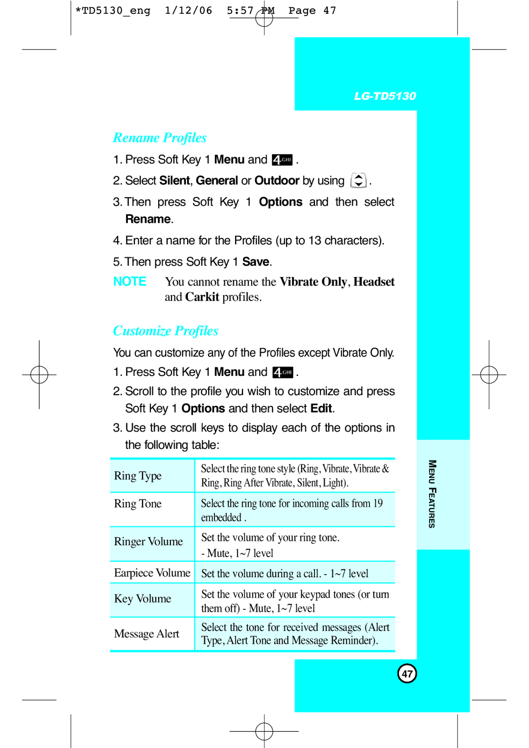 LG Electronics TD5130 manual Rename Profiles, Customize Profiles 