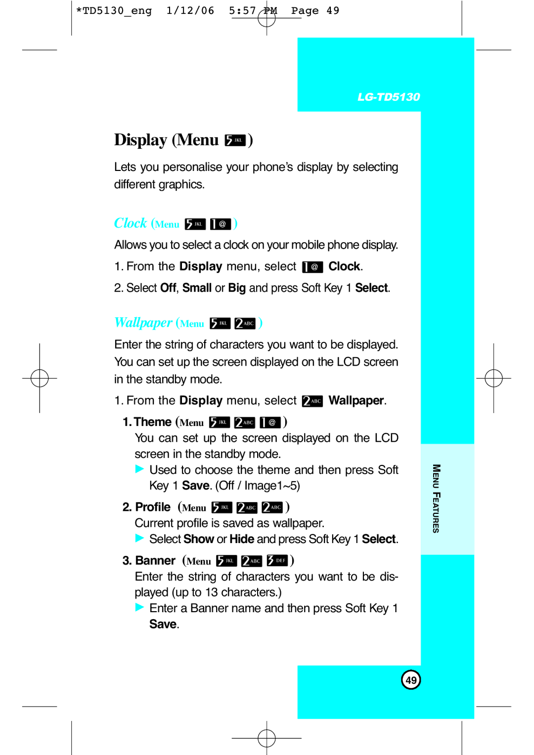 LG Electronics TD5130 manual Clock Menu, Wallpaper Menu, Theme Menu, Profile Menu, Banner Menu 