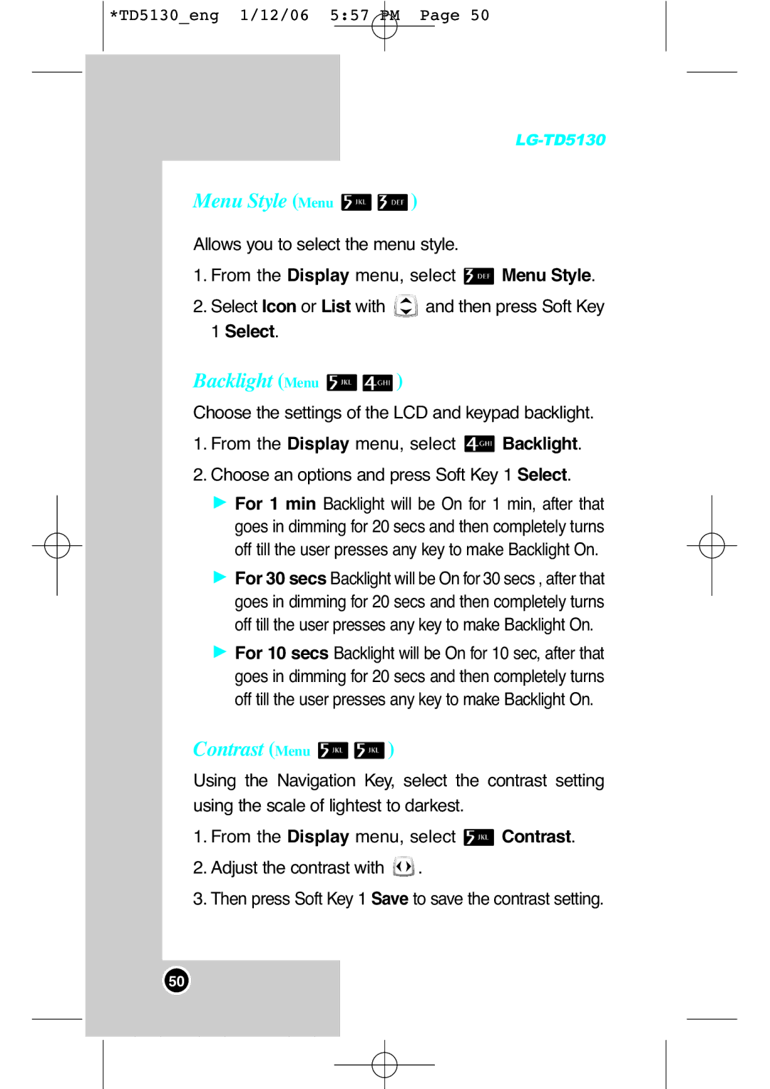 LG Electronics TD5130 manual Menu Style Menu, Backlight Menu, Contrast Menu 