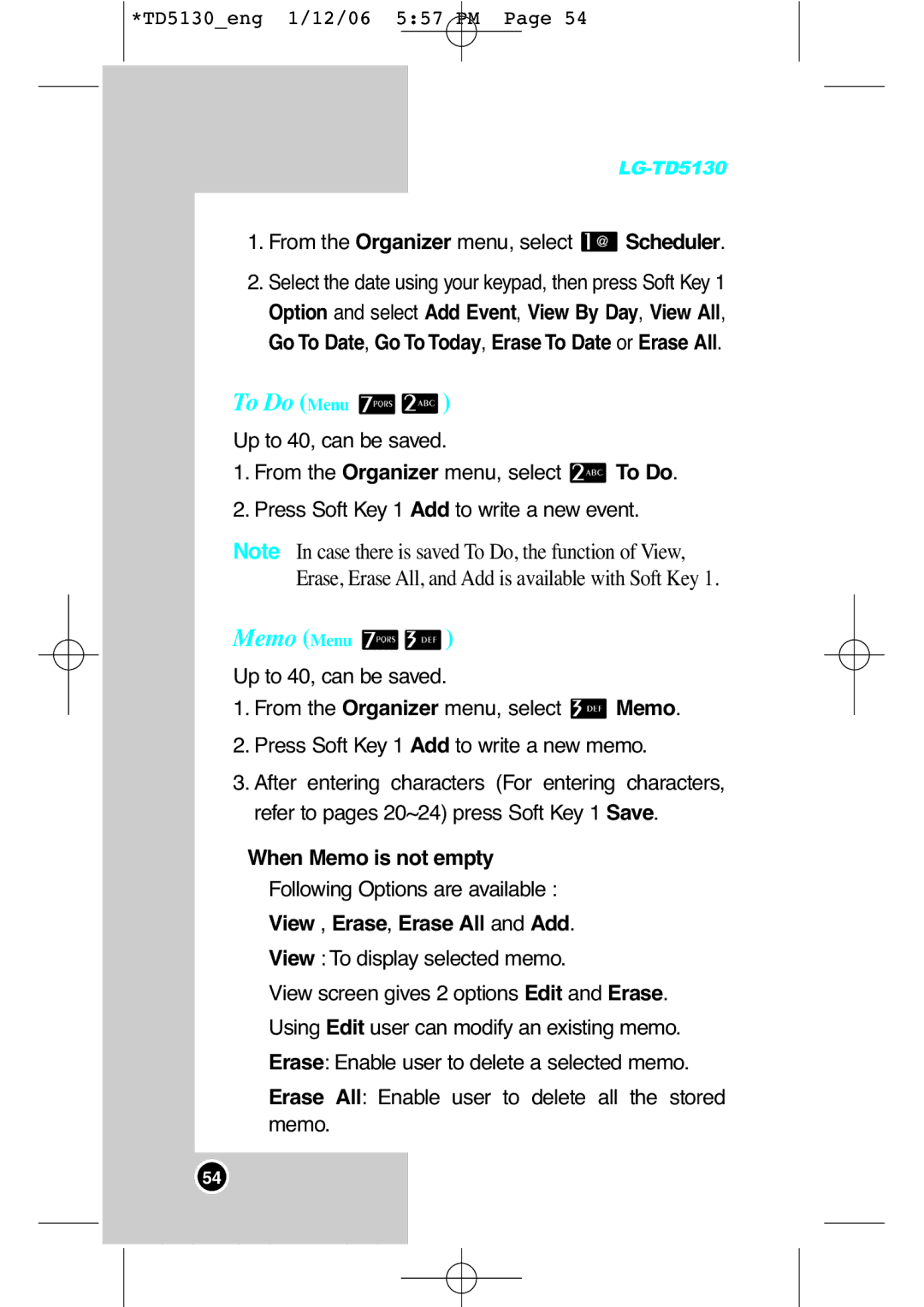 LG Electronics TD5130 manual To Do Menu, Memo Menu, When Memo is not empty, View , Erase, Erase All and Add 