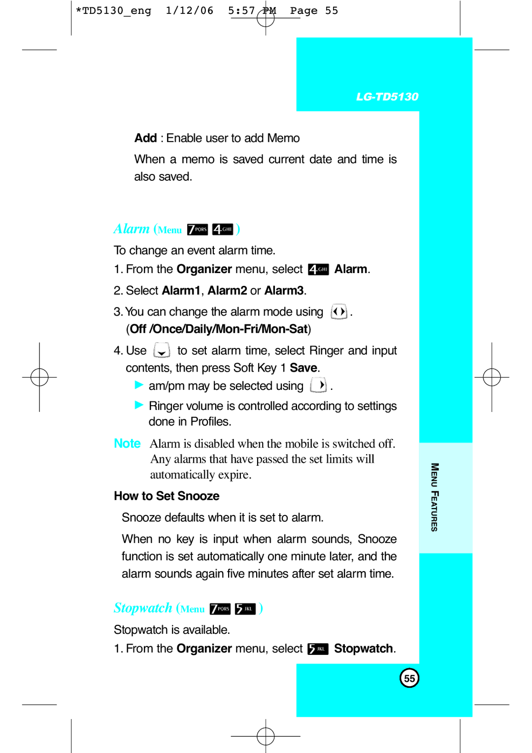 LG Electronics TD5130 manual Alarm Menu, Stopwatch Menu, Select Alarm1, Alarm2 or Alarm3, How to Set Snooze 