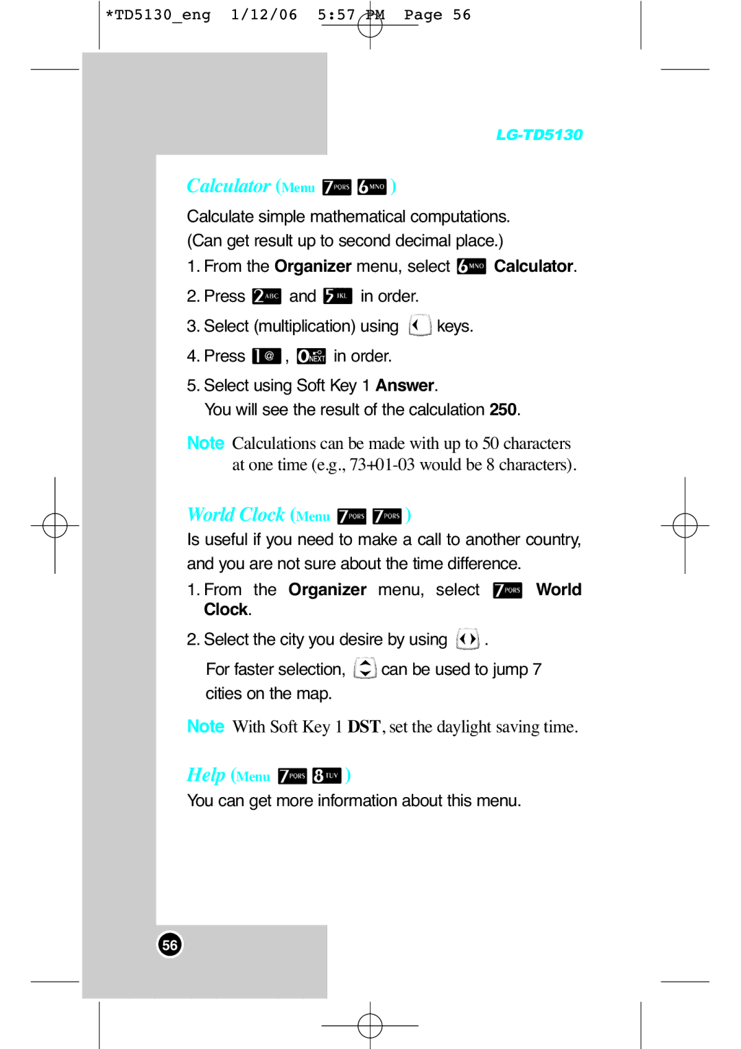 LG Electronics TD5130 manual Calculator Menu, World Clock Menu 