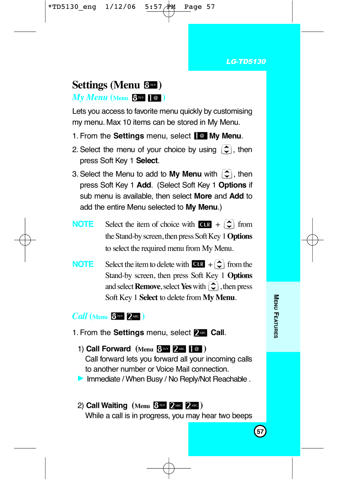 LG Electronics TD5130 manual My Menu Menu, Call Menu, Call Forward Menu, Call Waiting Menu 