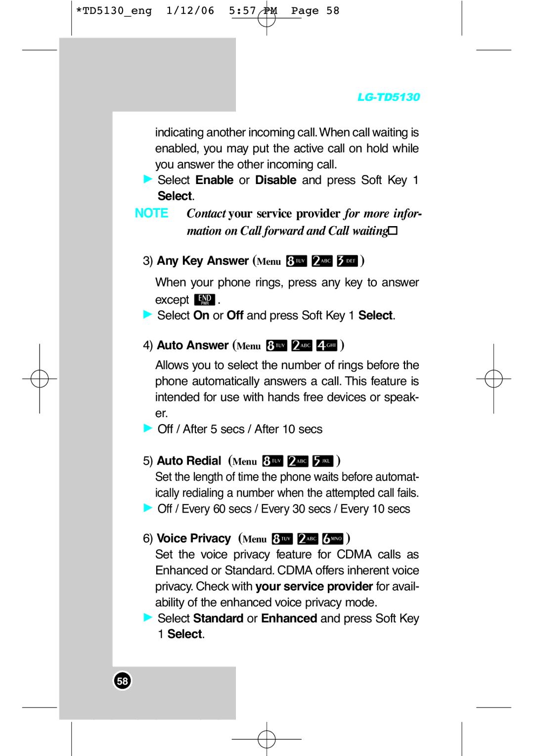 LG Electronics TD5130 manual Select Any Key Answer Menu, Auto Answer Menu, Auto Redial Menu, Voice Privacy Menu 