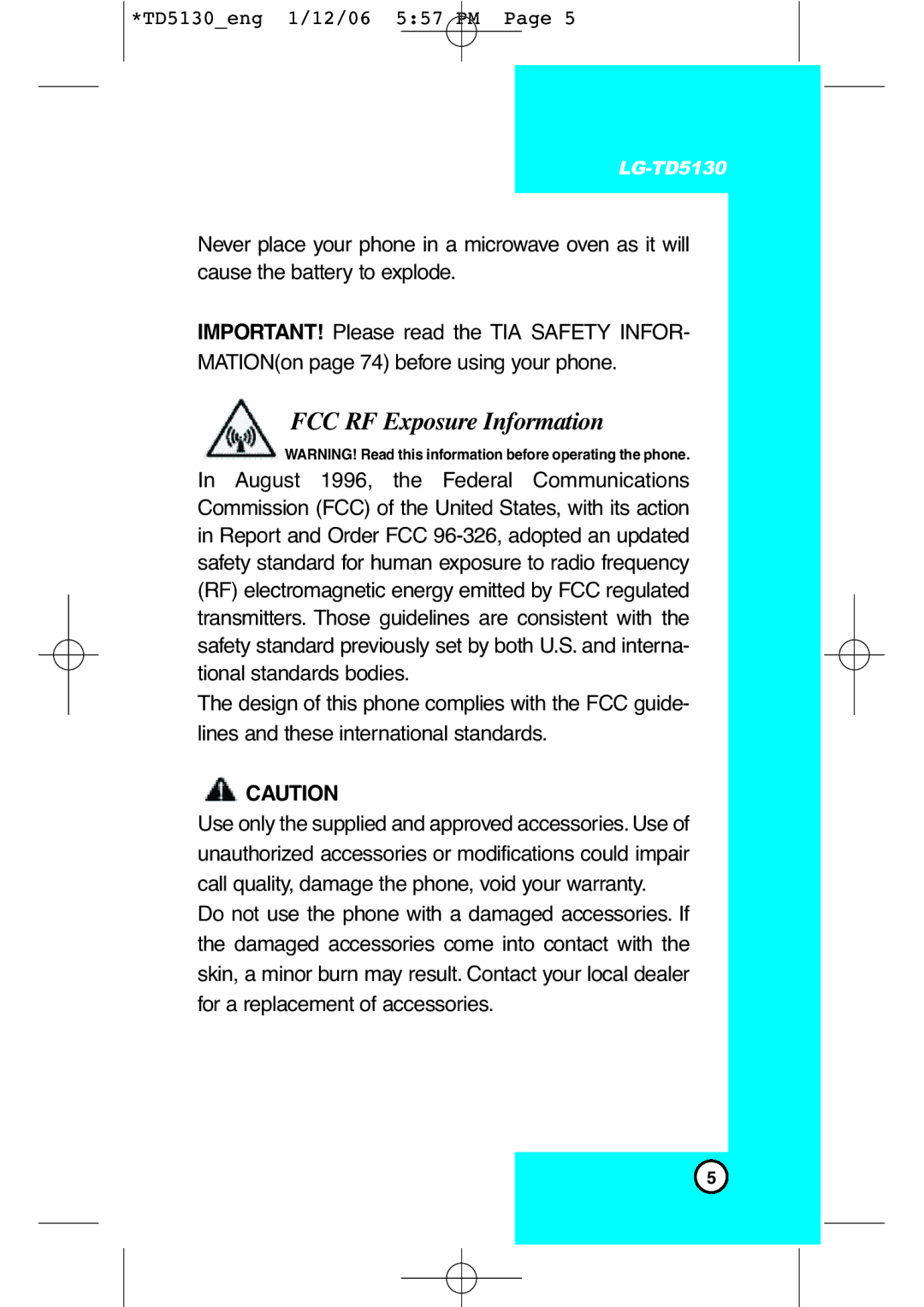 LG Electronics TD5130 manual FCC RF Exposure Information 