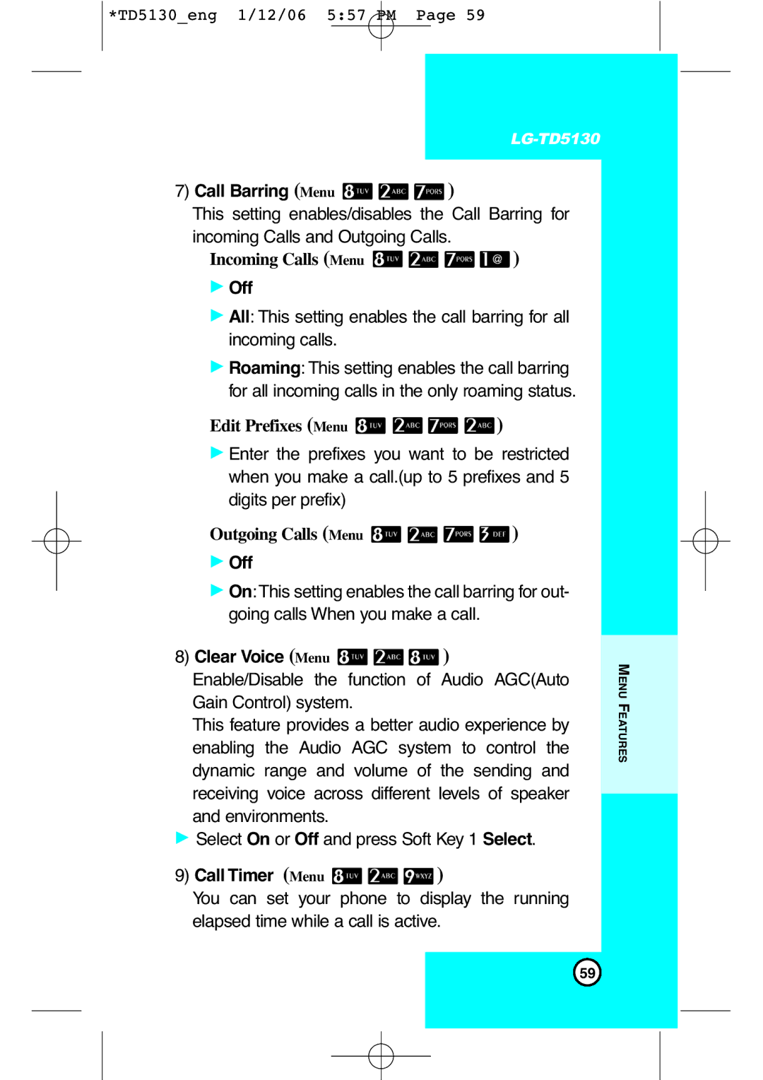 LG Electronics TD5130 manual Call Barring Menu, Off, Clear Voice Menu, Call Timer Menu 