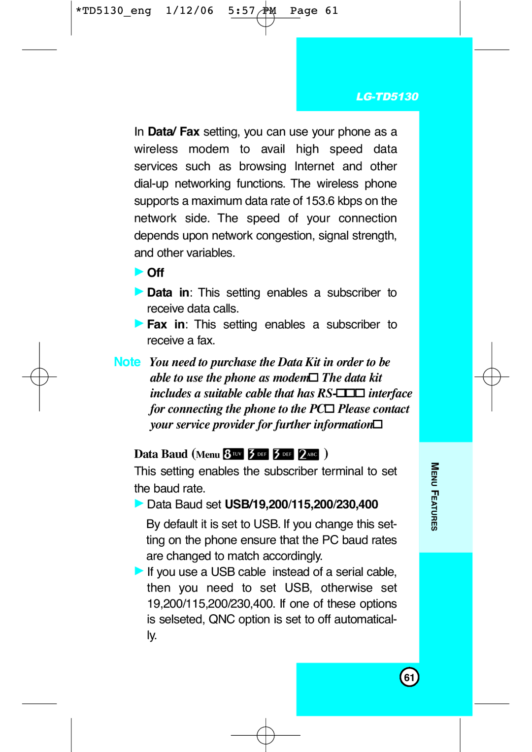 LG Electronics TD5130 manual Data Baud set USB/19,200/115,200/230,400 