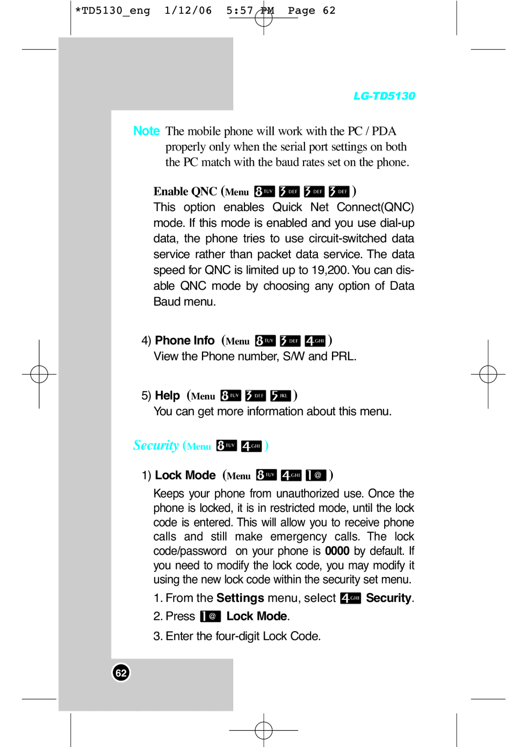 LG Electronics TD5130 manual Security Menu, Phone Info Menu, Lock Mode Menu, Press Lock Mode 