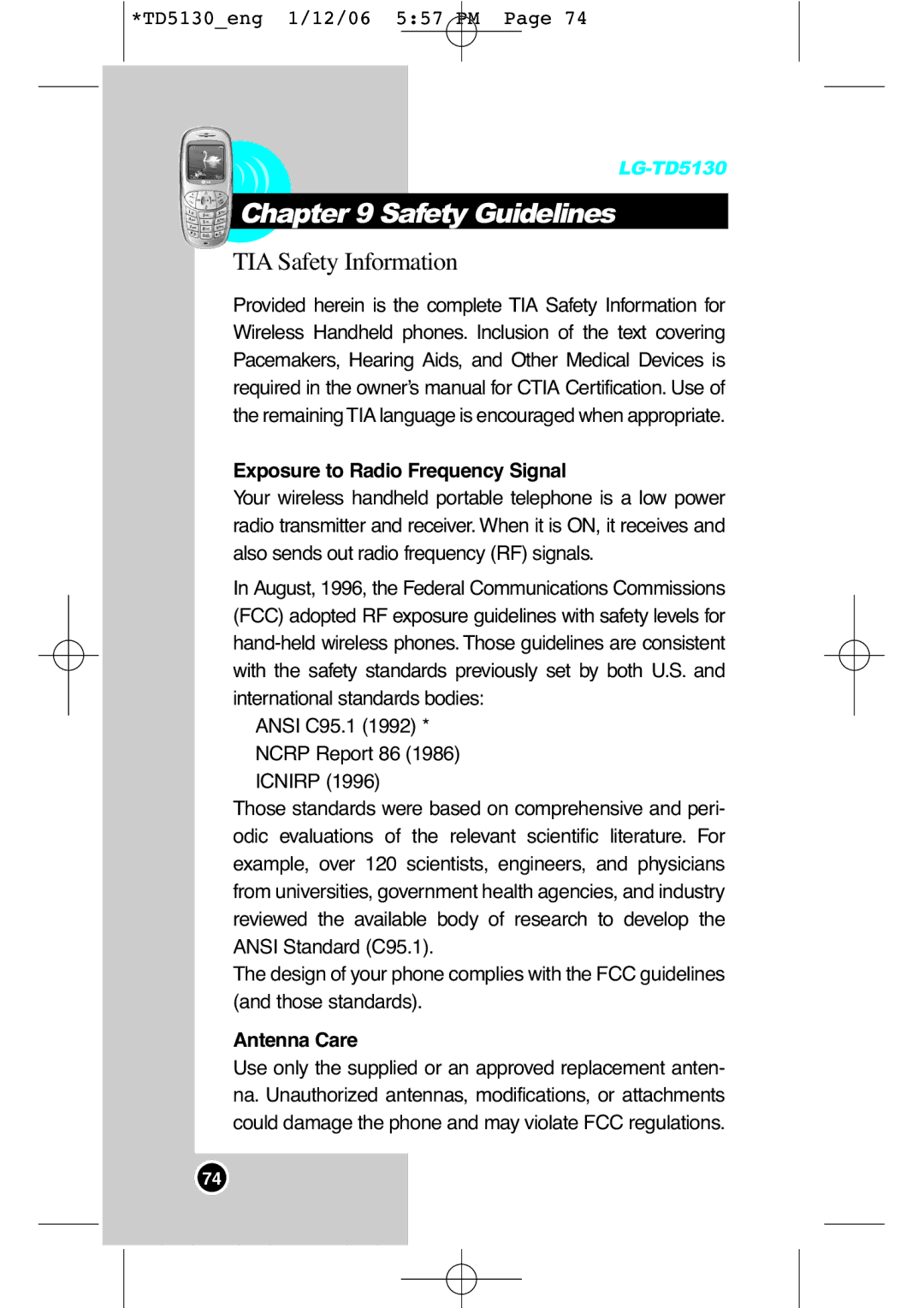 LG Electronics TD5130 manual Safety Guidelines, Exposure to Radio Frequency Signal, Antenna Care 