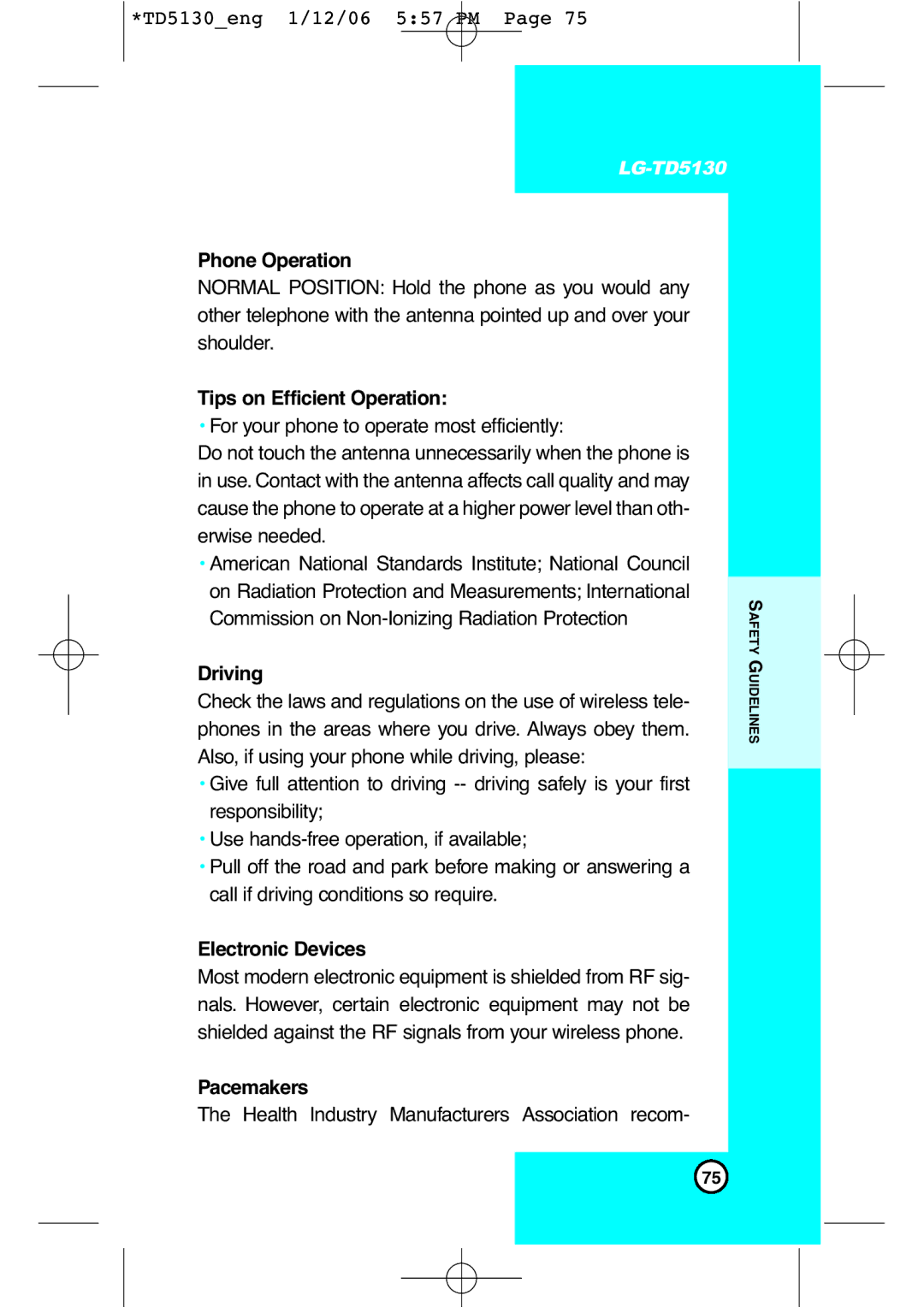 LG Electronics TD5130 manual Phone Operation, Tips on Efficient Operation, Driving, Electronic Devices, Pacemakers 