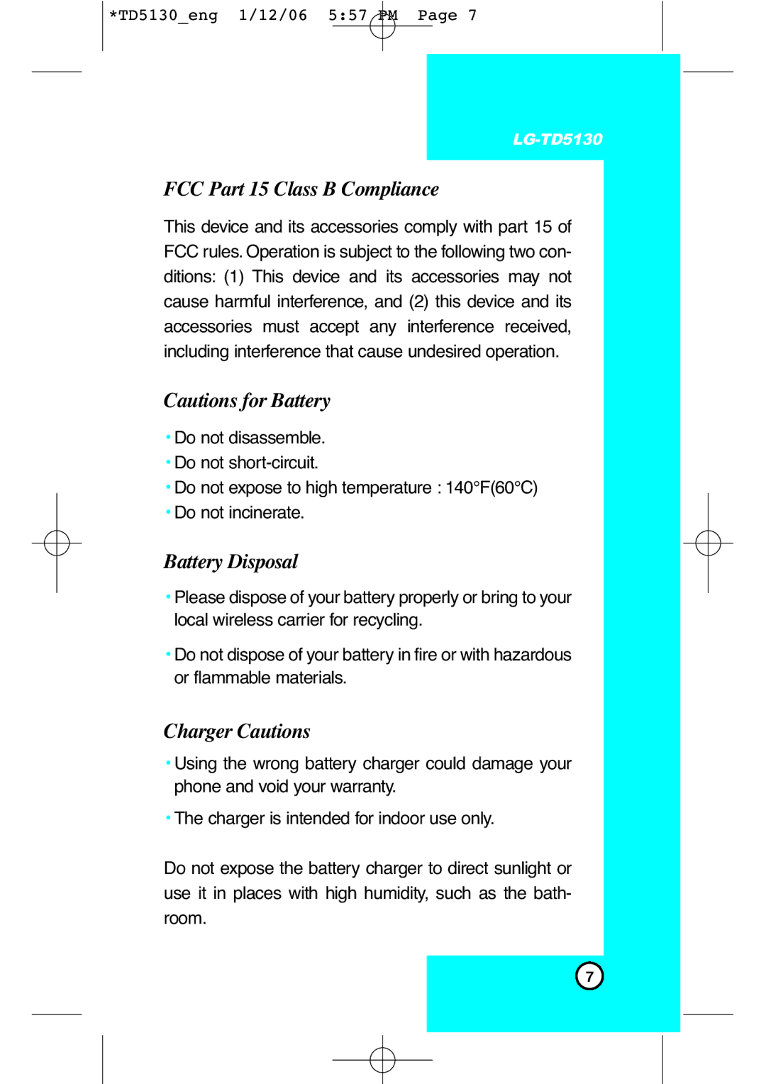 LG Electronics TD5130 manual FCC Part 15 Class B Compliance, Battery Disposal, Charger Cautions 