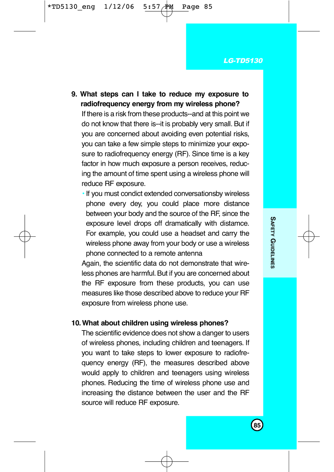 LG Electronics TD5130 manual What about children using wireless phones? 