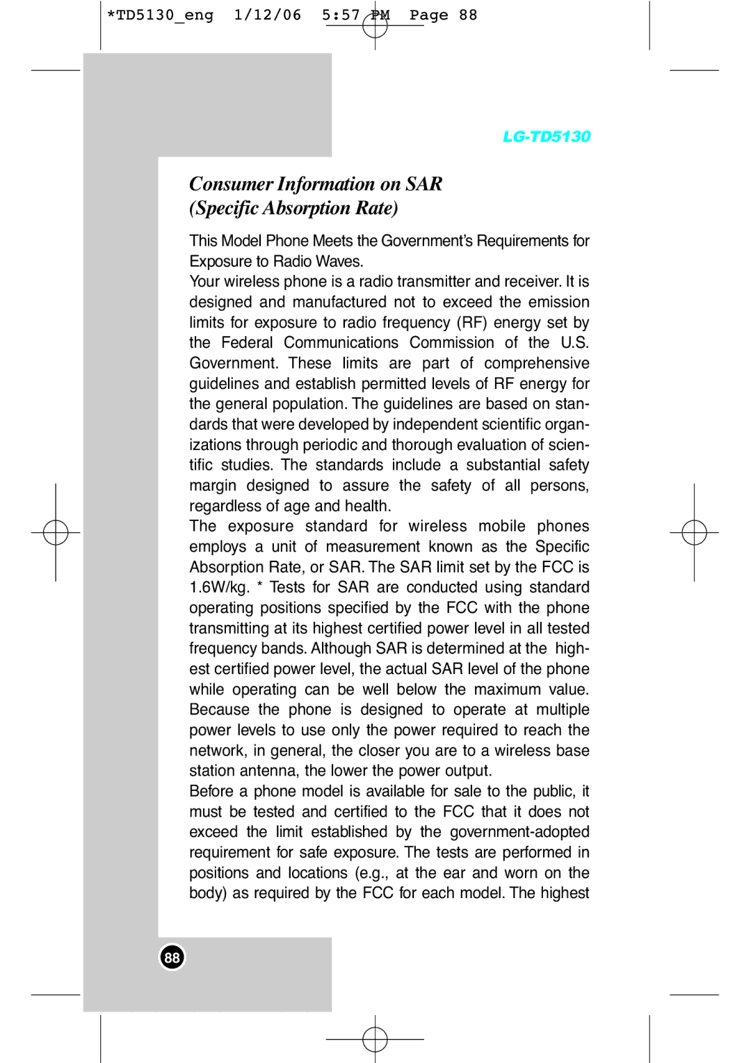 LG Electronics TD5130 manual Consumer Information on SAR Specific Absorption Rate 