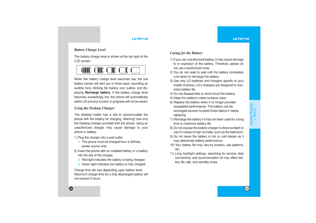 LG Electronics TD7130 manual Battery Charge Level, Using the Desktop Charger, Caring for the Battery 