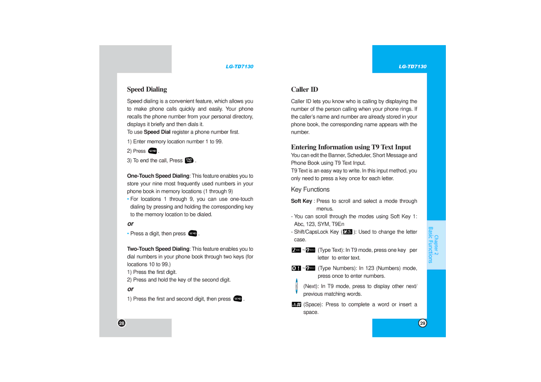 LG Electronics TD7130 manual Speed Dialing, Caller ID, Entering Information using T9 Text Input, Key Functions 