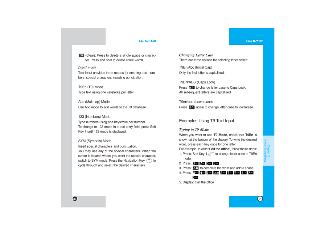 LG Electronics TD7130 manual Examples Using T9 Text Input, Input mode, Changing Letter Case, Typing in T9 Mode 