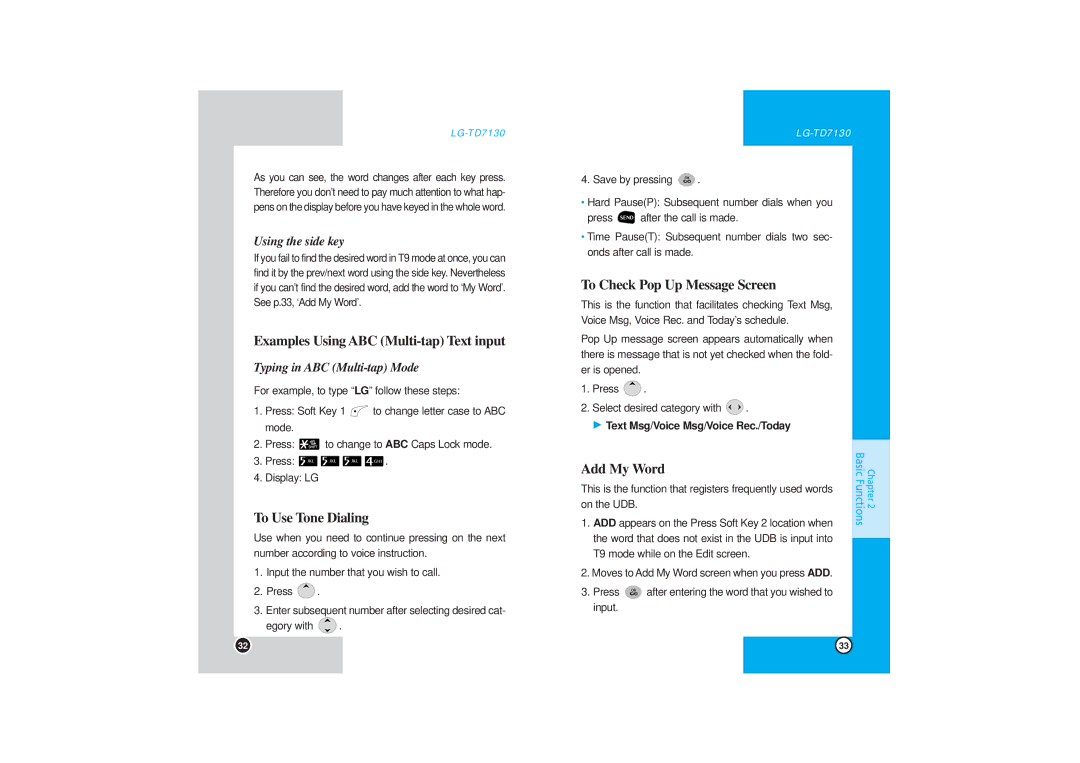 LG Electronics TD7130 manual Examples Using ABC Multi-tap Text input, To Use Tone Dialing, To Check Pop Up Message Screen 